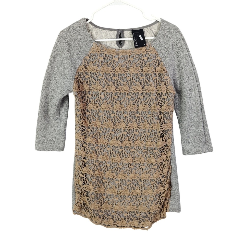 Dolan Womens Cottagecore Earthy Romantic Shabby Chic Crochet Lace Top M Gray Tan